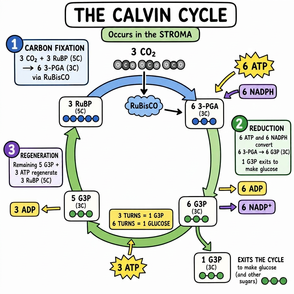 Calvin cycle: carbon fixation, reduction, and regeneration in the stroma