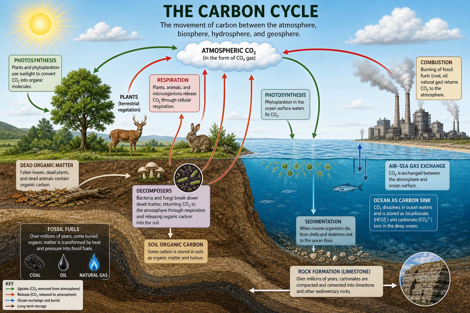 The carbon cycle through atmosphere, biosphere, and geosphere