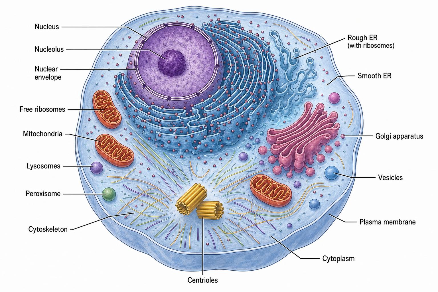 Eukaryotic animal cell with labeled organelles