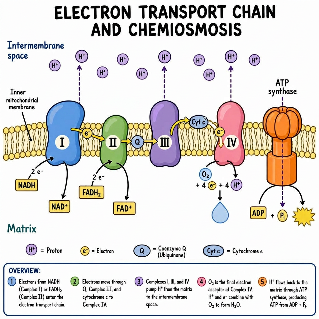 Electron transport chain and chemiosmosis at the inner mitochondrial membrane