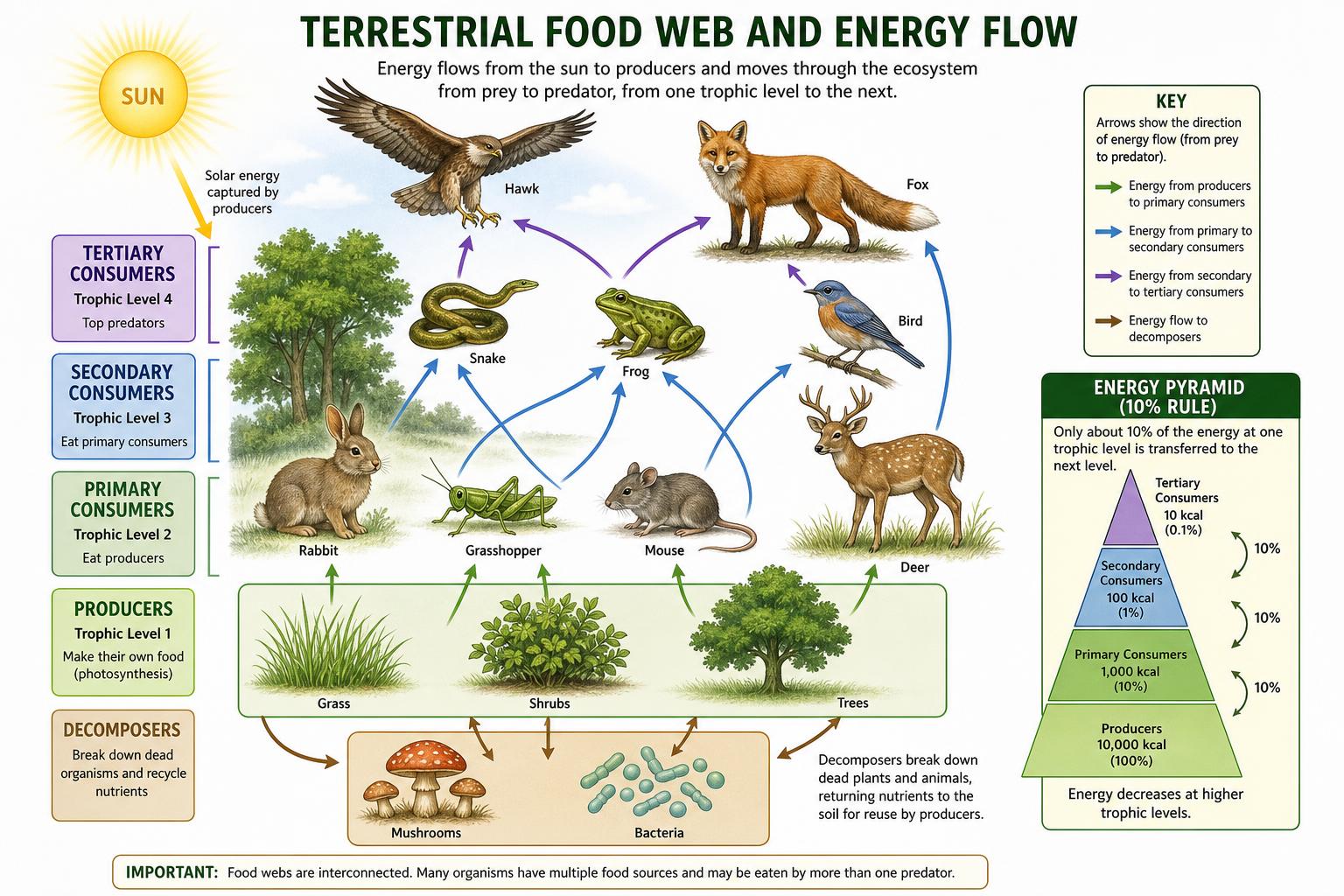 Terrestrial food web with energy pyramid and 10% rule
