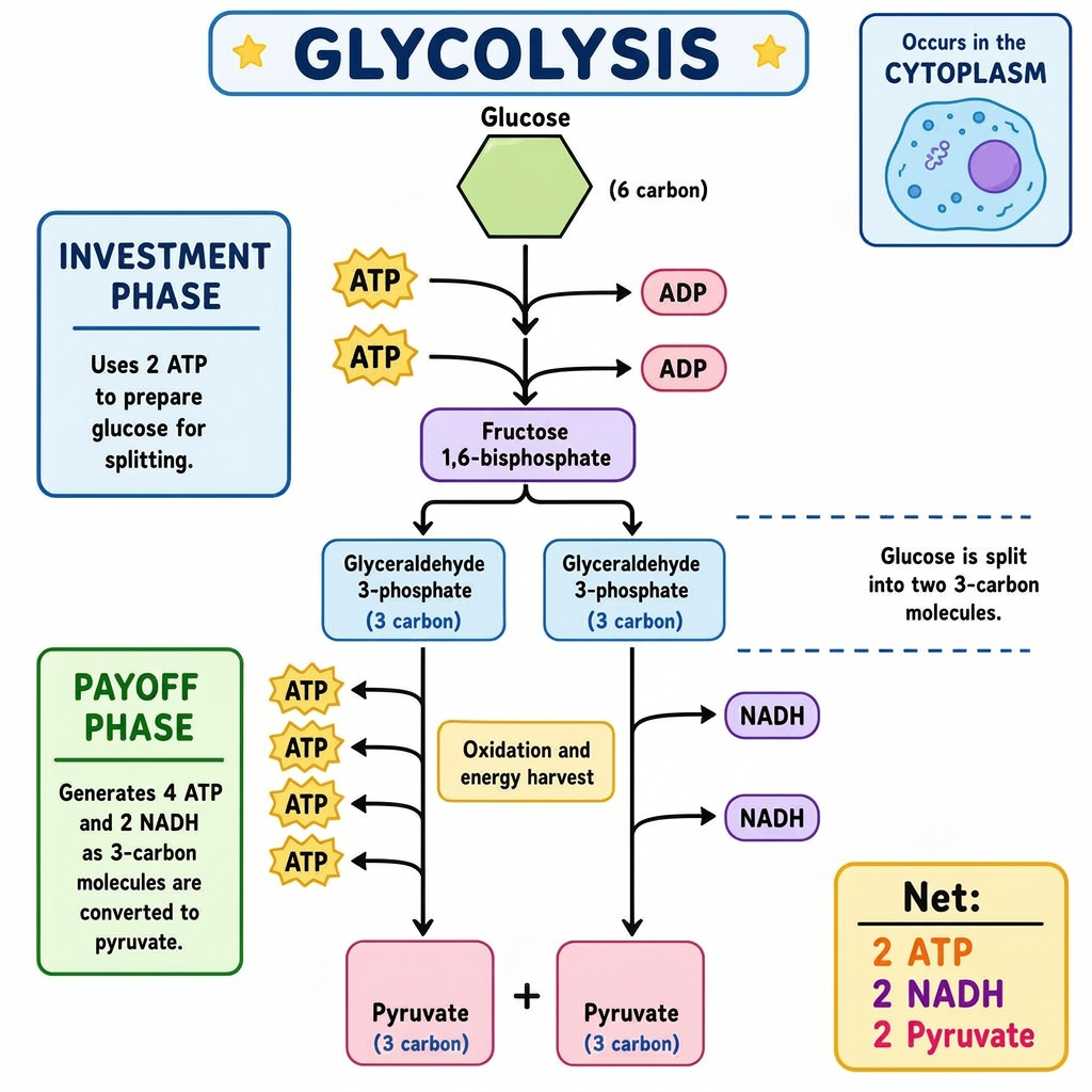 Glycolysis: glucose split into 2 pyruvate, net 2 ATP and 2 NADH