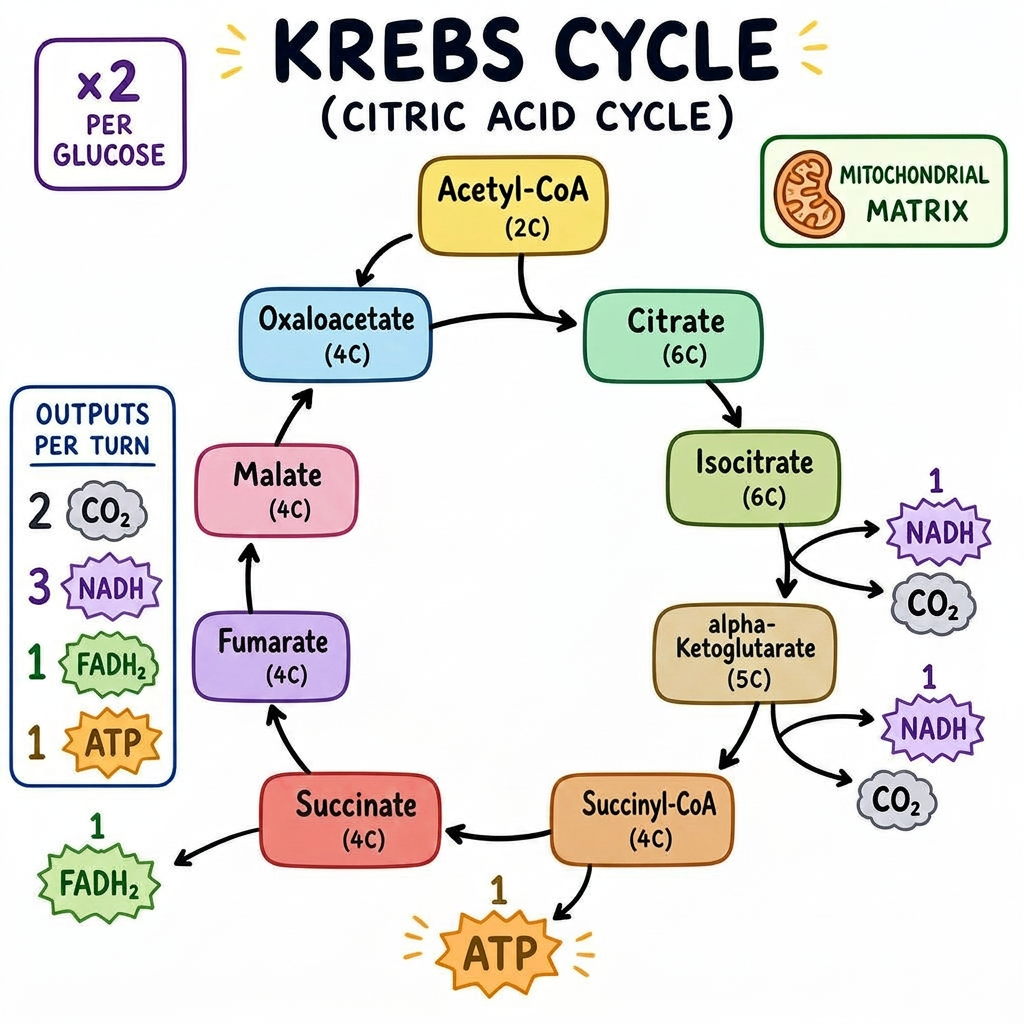 Krebs (citric acid) cycle with intermediates and per-turn outputs