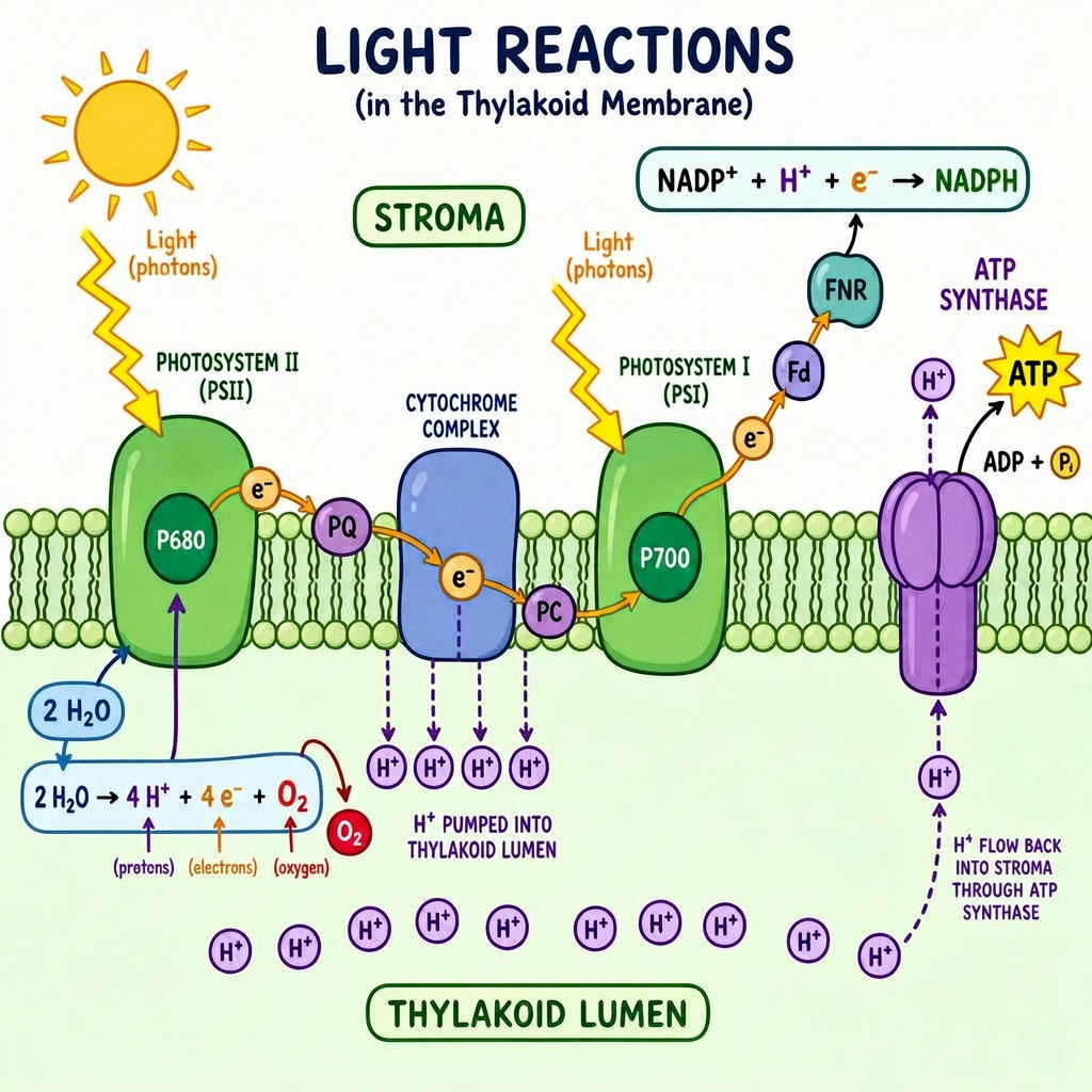 Light reactions in the thylakoid membrane: PSII, ETC, PSI, ATP synthase