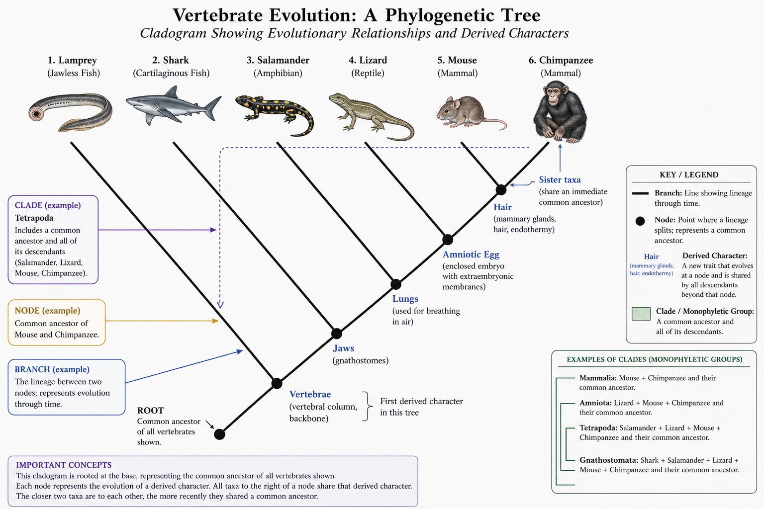Vertebrate phylogenetic tree (cladogram) with derived characters