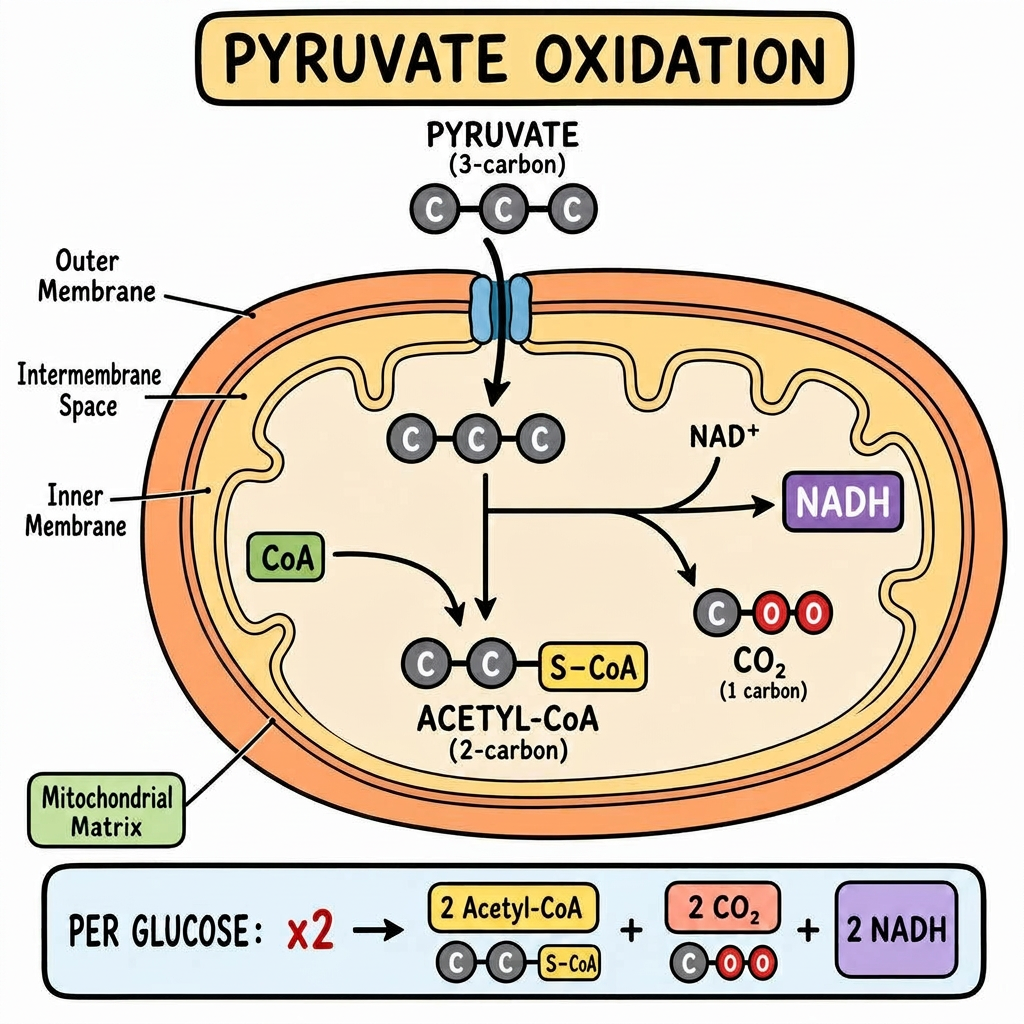 Pyruvate oxidation: pyruvate to acetyl-CoA, CO2, NADH in mitochondrial matrix